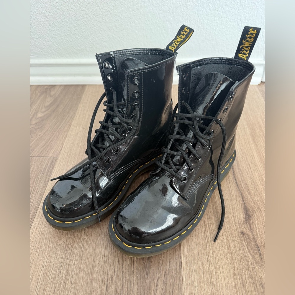 Black Patent Leather Lace-Up Doc Martens - lightly worn